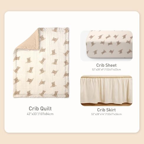 Organic Cotton Muslin Baby Crib Bedding Set 3 Piece Soft for Infant Newborn Toddler Boys Girls 52"x28", Nursery Bed Quilt Set Decor with Fitted Crib Sheet, Boho Quilted Comforter Blanket, Bed Skirt | GOTS Organic Cotton, Soft, Breathable, Skin-friendly, D in Kuwait