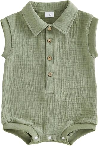 Honganda Newborn Baby Boy Cotton Linen Romper Short Sleeve Lapel Collar Button Down Jumpsuit Summer Solid One Piece Outfit in Kuwait