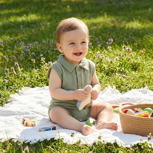 Honganda Newborn Baby Boy Cotton Linen Romper Short Sleeve Lapel Collar Button Down Jumpsuit Summer Solid One Piece Outfit in Kuwait