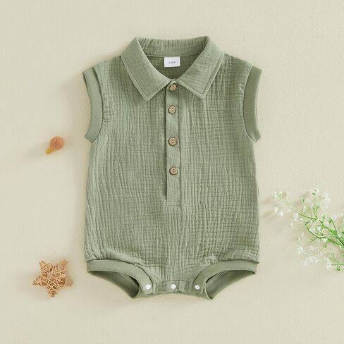 Honganda Newborn Baby Boy Cotton Linen Romper Short Sleeve Lapel Collar Button Down Jumpsuit Summer Solid One Piece Outfit in Kuwait