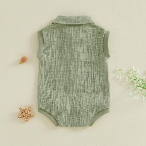 Honganda Newborn Baby Boy Cotton Linen Romper Short Sleeve Lapel Collar Button Down Jumpsuit Summer Solid One Piece Outfit in Kuwait