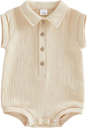 Honganda Newborn Baby Boy Cotton Linen Romper Short Sleeve Lapel Collar Button Down Jumpsuit Summer Solid One Piece Outfit in Kuwait