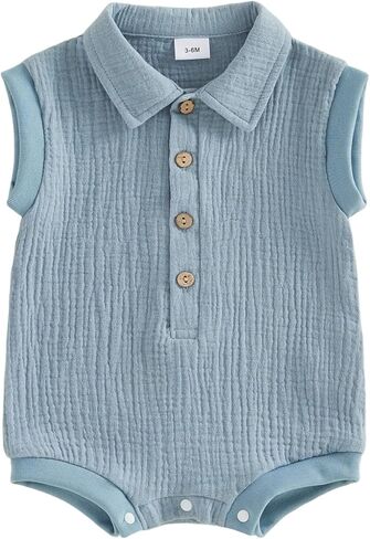 Honganda Newborn Baby Boy Cotton Linen Romper Short Sleeve Lapel Collar Button Down Jumpsuit Summer Solid One Piece Outfit in Kuwait