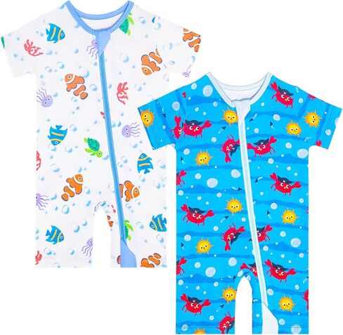 GUISBY Baby Romper 2-Pack، رومبير ناعم بسحاب، بيجامة قصيرة الأكمام بدون أقدام، ملابس صيفية للرضع قابلة للتنفس 0-18 شهرًا in Kuwait