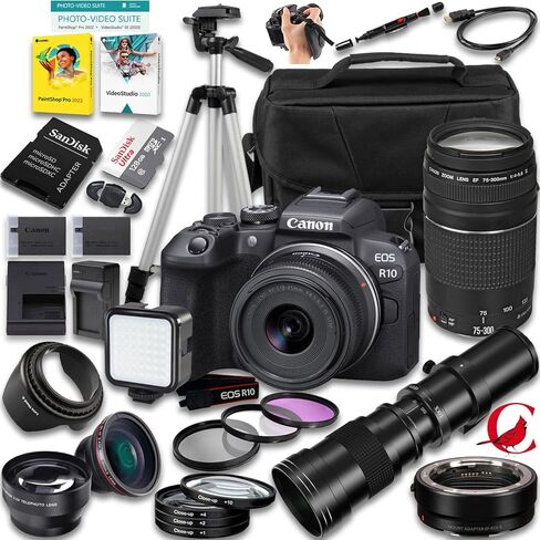 كاميرا Canon EOS R10 بدون مرآة مع عدسة مقاس 18-45 مم f/4.5-6.3 STM و75-300 مم f/4-5.6 و420-800 مم f/8 + محول التركيب EF-EOS R + ذاكرة 128 جيجابايت + المزيد (حزمة مكونة من 35 قطعة) in Kuwait