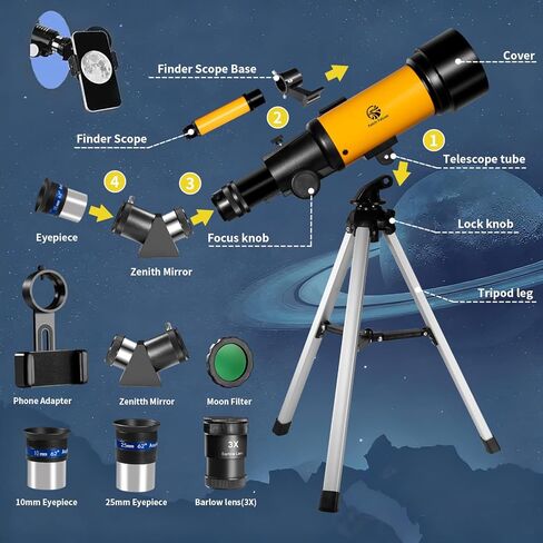 Fetch Falcon 40070 Astronomical Telescope High Powered 90-180X,Aluminum Body, FMC Optics 400mm Portable Refractor 70mm Aperture with Tripod, Phone Adapter Ideal for Stargazing and Space Exploration in Kuwait
