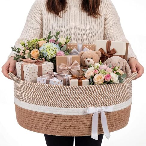 مجموعة سلة هدايا فارغة لعيد الأم من Colingmill سلة منسوجة كبيرة مع حقيبة هدايا وشريط هدايا DIY سلال هدايا لحفلات الزفاف وحفلات استقبال المولود الجديد لتخزين ألعاب الكلاب للتنظيم (أبيض، بني، 17 بوصة × 13 بوصة × 7.6 بوصة) in Saudi Arabia