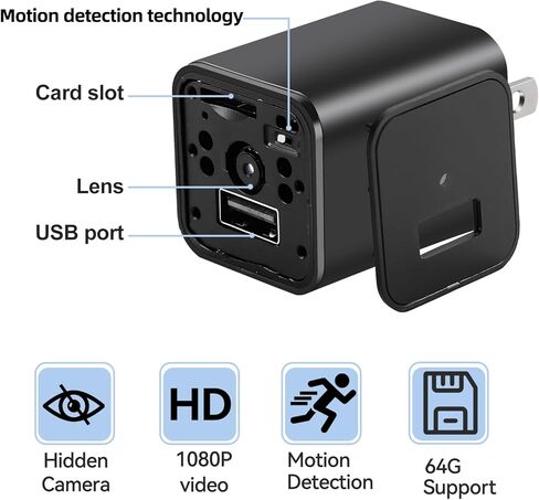 USB Charger Hidden Camera, 1080P Small Mini Camera with Motion Detection, Spy Camera with 64GB Micro SD Card Included, Nanny Camfor Home, Window, Indoor and Security (No WiFi) in Kuwait