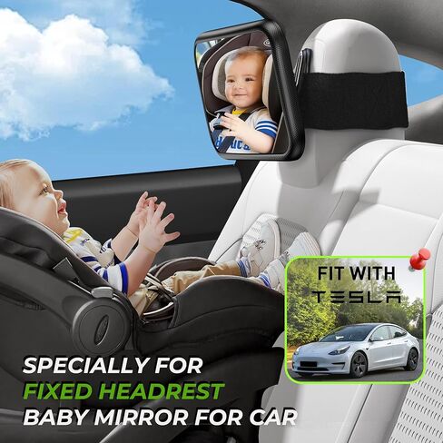 Fixed Headrest Baby Car Mirror Fit Tesla Car Back Seat, Safety Rear Facing Mirror, 100% Shatterproof & Shake-Proof, Wide Clear Rearview with 360° Rotation for Infant Newborn Baby Must Haves Essentials in Kuwait