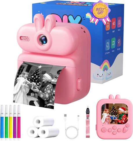 Kids Camera Instant Print: Gleeglee 1080P Kids Instant Print Camera - 32G SD Card - Lanyard - Christmas Birthday Gifts for Girls Boys - Portable Toy for 3 4 5 6 7 8 9 10 Years Old, Pink Rabbit in Kuwait