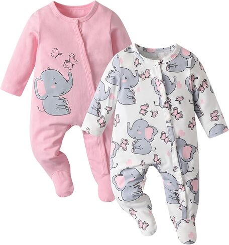 Kulcerry 2-Pack الوليد طفلة Footies رومبير الكرتون الفيل المطبوعة قطعة واحدة بذلة الملابس in Kuwait
