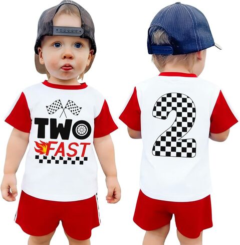 Ritatte Two Fast 2nd Birthday Outfit for Boys Race Car Toddler Boy 2 Piece Short Set Checkerboard 2 Year Old Birthday Clothes in Saudi Arabia