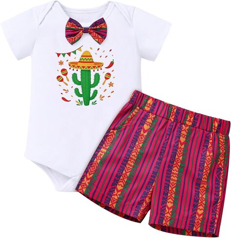 ODASDO Baby Boy Mexican Fiesta Outfit, Infant Bow Tie Short Sleeve Romper Shorts Set, Cinco de Mayo Parties Photo Shoots in Kuwait