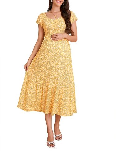 Maternity Dress Summer Short Sleeve Sweetheart Neckline Floral Midi Dress Baby Shower Photoshoot in Saudi Arabia