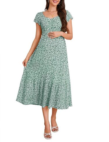 Maternity Dress Summer Short Sleeve Sweetheart Neckline Floral Midi Dress Baby Shower Photoshoot in Saudi Arabia