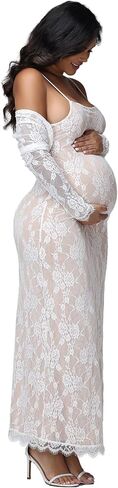 JustVH Maternity 2 Piece Outfits Dress Floral Lace Long Sleeve Top & Strap Party Maxi Dress for Baby Shower Photoshoot in Kuwait