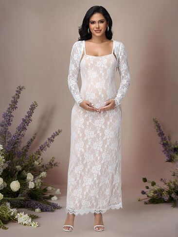 JustVH Maternity 2 Piece Outfits Dress Floral Lace Long Sleeve Top & Strap Party Maxi Dress for Baby Shower Photoshoot in Kuwait