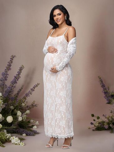 JustVH Maternity 2 Piece Outfits Dress Floral Lace Long Sleeve Top & Strap Party Maxi Dress for Baby Shower Photoshoot in Kuwait