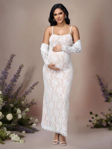 JustVH Maternity 2 Piece Outfits Dress Floral Lace Long Sleeve Top & Strap Party Maxi Dress for Baby Shower Photoshoot in Kuwait
