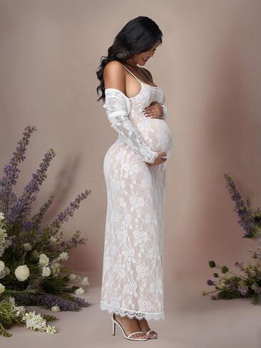 JustVH Maternity 2 Piece Outfits Dress Floral Lace Long Sleeve Top & Strap Party Maxi Dress for Baby Shower Photoshoot in Kuwait