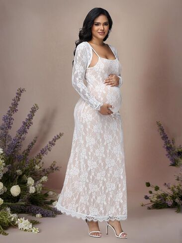 JustVH Maternity 2 Piece Outfits Dress Floral Lace Long Sleeve Top & Strap Party Maxi Dress for Baby Shower Photoshoot in Kuwait