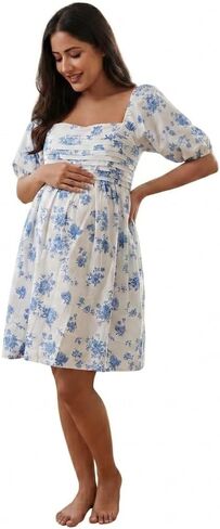 Cichic Blue Floral Ruched Off Shoulder A-line Puff Sleeve Sweet Going Out Maternity Photoshoot Baby Shower Mini Dress in Saudi Arabia