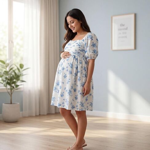 Cichic Blue Floral Ruched Off Shoulder A-line Puff Sleeve Sweet Going Out Maternity Photoshoot Baby Shower Mini Dress in Saudi Arabia
