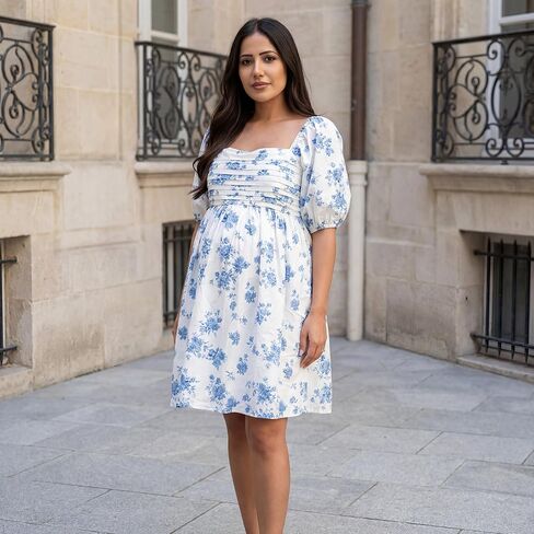 Cichic Blue Floral Ruched Off Shoulder A-line Puff Sleeve Sweet Going Out Maternity Photoshoot Baby Shower Mini Dress in Saudi Arabia