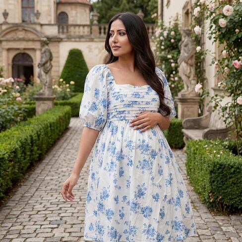 Cichic Blue Floral Ruched Off Shoulder A-line Puff Sleeve Sweet Going Out Maternity Photoshoot Baby Shower Mini Dress in Saudi Arabia