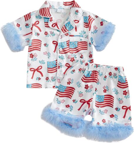 Kuriozud Toddler Girl 4th Of July Pajamas Baby American Flag Nightgown Girls Fourth Of July Pjs Button Down 2Pcs Pajamas Set in Kuwait