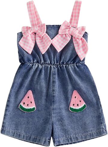 SHIBAOZI Baby Girl Denim Jumpsuit Toddler Plaid Bowknot Embroidery Romper Shorts Watermelon Overalls Summer Clothes in Kuwait