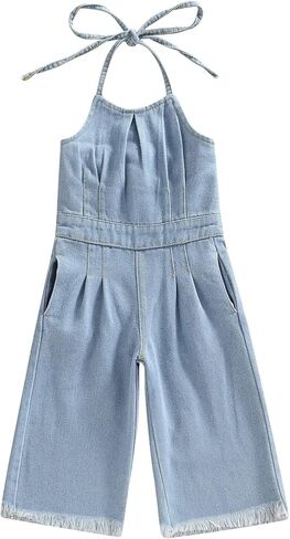 MBMSHEGH Kid Toddler Baby Girl Denim Halter Overalls Ripped Bell Bottoms Flare Jeans Overalls Strap Suspender Pants 1-6T in Kuwait