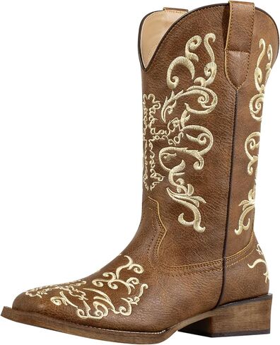 SheSole Women's Exquisite Floral Embroidery Sparkly Glitter Sequin Wide Square Toe Western Cowboy Cowgirl Boots Mid Calf Country Wedding Bridal Shoes in Saudi Arabia