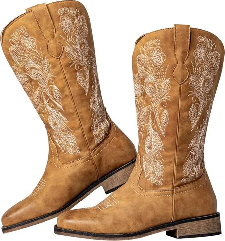SheSole Wide Calf Cowboy Boots for Women - Square Toe Cowgirl Boots with Hidden Stretch Panel & Cushioned Insole for Comfort and Confidence in Kuwait