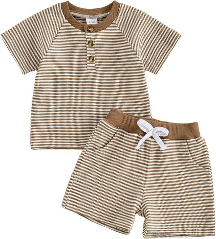 MERSARIPHY Toddler Baby Boy Clothes 6 12 18 Months 2T 3T Summer Outfit Waffle Knitted Stripe Casual T-shirt Tops Shorts Sets in Kuwait