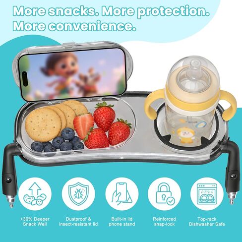 Snack Tray Compatible with UPPAbaby Vista V3/Vista V2/Vista/Cruz V3/Cruz V2/Cruz/RumbleSeat (V2,V2+,V3) Stroller Tray with Lid, Quick Attachment, Folds with Stroller, Dishwasher Safe, Patent Pending in Kuwait