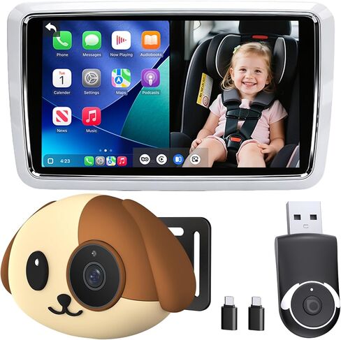كاميرا سيارة للأطفال من Cabin Care مع محول CarPlay لاسلكي لهاتف iPhone فقط، دقة 1080P HD، رؤية ليلية بالأشعة تحت الحمراء، زاوية واسعة 150 درجة، شاشة المقعد الخلفي في الوقت الحقيقي، تعمل مع CarPlay السلكية من المصنع (الكلب) in Kuwait