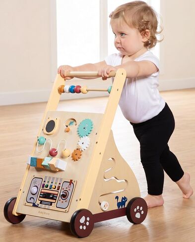 Wooden Baby Push Walker with Musical Activity Busy Board – 2-in-1 Montessori Learning Toy with Adjustable Speed, Bead Maze, Shape Sorter & Gear Wheels | Walk & Play Toy for Toddlers 9 –18 Months in Kuwait