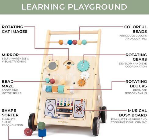 Wooden Baby Push Walker with Musical Activity Busy Board – 2-in-1 Montessori Learning Toy with Adjustable Speed, Bead Maze, Shape Sorter & Gear Wheels | Walk & Play Toy for Toddlers 9 –18 Months in Kuwait