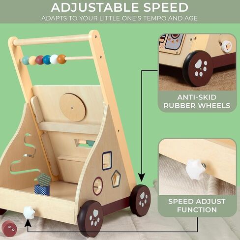 Wooden Baby Push Walker with Musical Activity Busy Board – 2-in-1 Montessori Learning Toy with Adjustable Speed, Bead Maze, Shape Sorter & Gear Wheels | Walk & Play Toy for Toddlers 9 –18 Months in Kuwait