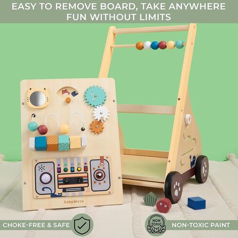 Wooden Baby Push Walker with Musical Activity Busy Board – 2-in-1 Montessori Learning Toy with Adjustable Speed, Bead Maze, Shape Sorter & Gear Wheels | Walk & Play Toy for Toddlers 9 –18 Months in Kuwait