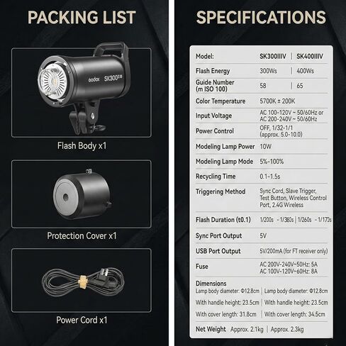 Godox SK300IIIV GN58 Studio Flash Strobe، نظام X لاسلكي 2.4G، مصباح تشكيل LED مطور 10 وات، وقت إعادة التدوير 0.1-1.5 ثانية، خرج طاقة 1/32-1/1، حامل بوينز للصور والتصوير الفوتوغرافي للمنتج in Kuwait