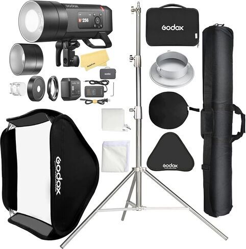 فلاش GODOX AD400Pro II خارجي مع Godox Softbox 80cmX80cm /32" X32+2.8M حامل إضاءة عالي التحمل وحقيبة حمل لكاميرات Canon Sony Nikon Fujifilm Olympus Panasonic، بطارية 21.6V/2600mAh، إعادة تدوير 0.01~1s in Kuwait