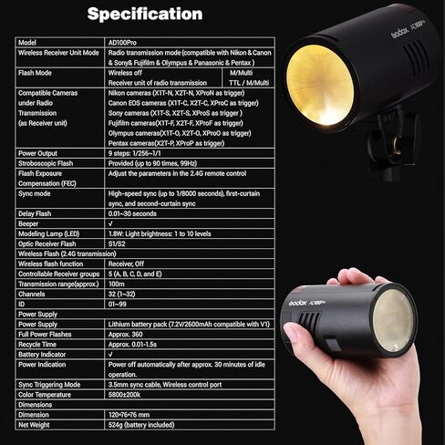 Godox AD100Pro AD100 Pro Monolight، 100Ws 2.4G Flash Strobe، 1/8000 HSS، إعادة التدوير 0.01-1.5s، 360 ومضة طاقة كاملة، بطارية 2600 مللي أمبير، تدعم وظائف TTL/M/متعددة، مدمجة خفيفة الوزن، لوحة OLED in Kuwait