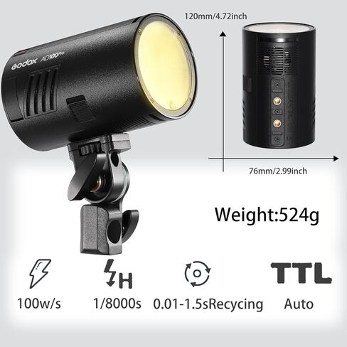 Godox AD100Pro AD100 Pro Monolight، 100Ws 2.4G Flash Strobe، 1/8000 HSS، إعادة التدوير 0.01-1.5s، 360 ومضة طاقة كاملة، بطارية 2600 مللي أمبير، تدعم وظائف TTL/M/متعددة، مدمجة خفيفة الوزن، لوحة OLED in Kuwait