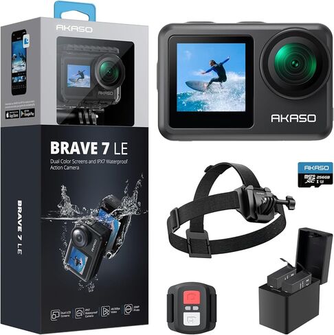 كاميرا AKASO Brave 7 LE Action مع بطاقة MicroSDXC U3 وحزمة تثبيت حزام الرأس سريعة التحرير in Kuwait