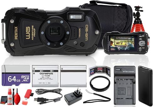 كاميرا Ricoh Pentax WG-90 مقاومة للماء والصدمات والغبار والتجمد، كاميرا رقمية قوية (أسود) + بطاقة ذاكرة سعة 64 جيجابايت + P-Bank + حقيبة كاميرا + حامل ثلاثي القوائم مرن + طقم تنظيف + شاحن خارجي + المزيد in Kuwait
