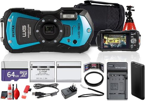 Ricoh Pentax WG-90 Waterproof, Shockproof, Dustproof, Freezeproof, Tough Digital Camera (Blue) + 64GB Card + P-Bank + Camera Bag + Flexible Tripod + Cleaning Kit + External Charger + More in Kuwait