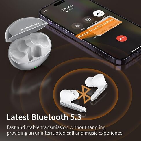 سماعات أذن لاسلكية Monster N-Lite 203 AirLinks، سماعات بلوتوث 5.3 هاي فاي ستيريو، سماعات أذن لاسلكية مع مكالمات واضحة عالية الدقة، تشغيل 30 ساعة، تحكم باللمس، شحن من النوع C، سماعات أذن مقاومة للماء IPX6 in Kuwait