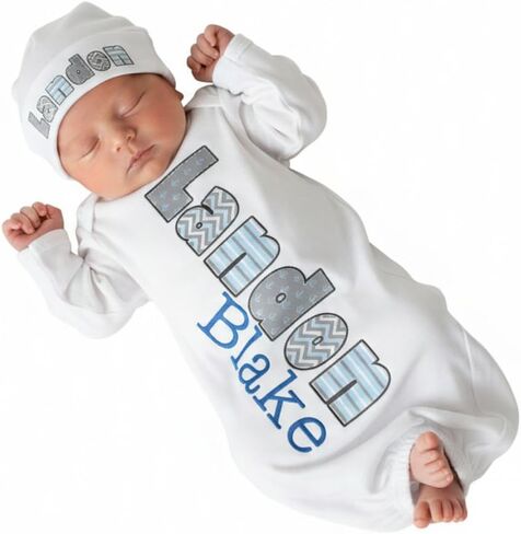 New Baby Boy's Printed Blue and Gray Nautical Anchor Personalized Infant Gown with Royal Blue Coming Home Outfit in Saudi Arabia